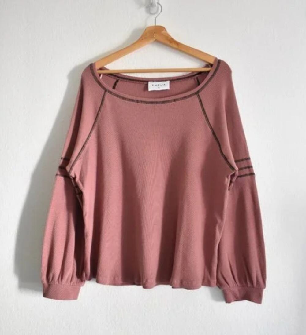 Emelia Size Large Thermal Long Sleeve shirt top Raglan Mocha Rust Stripe NEW